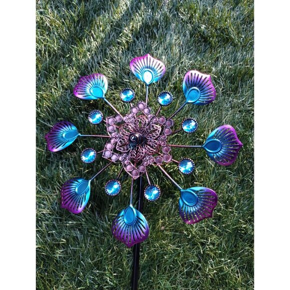 Wind Chime Spinner Blue Pinwheel Rotating Metal Home Garden Yard Art - Picture 2 of 11